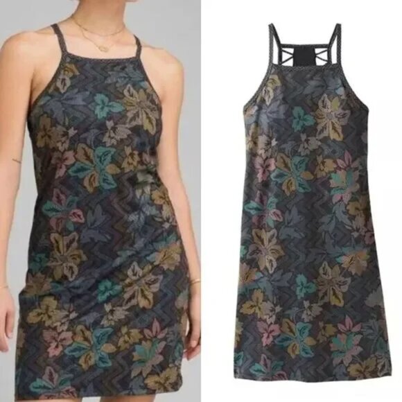 Prana Floral Halter Lattice Back Halter Style Built-In Bra Dress Like NEW! - Picture 3 of 8